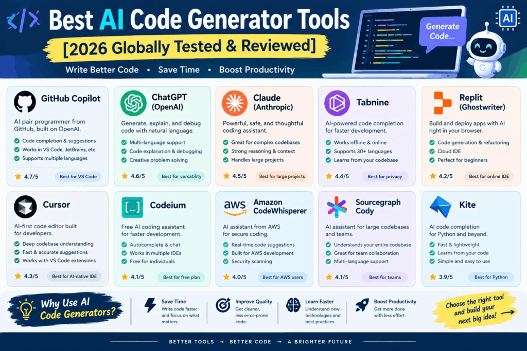 Current image: Best AI Code Generator Tools [2026 Globally Tested & Reviewed]